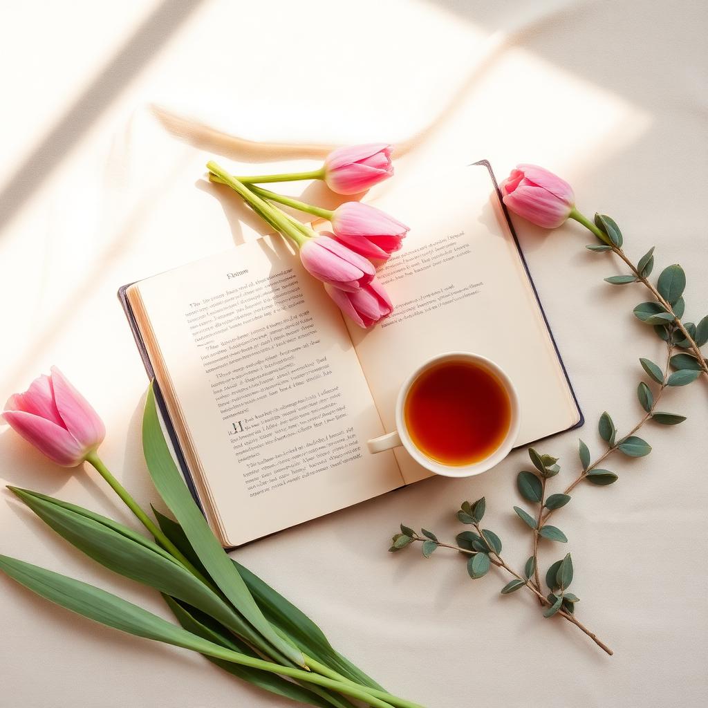 Kalyn Tolbert's writing desk with an open journal, tea, pink tulips and eucalyptus